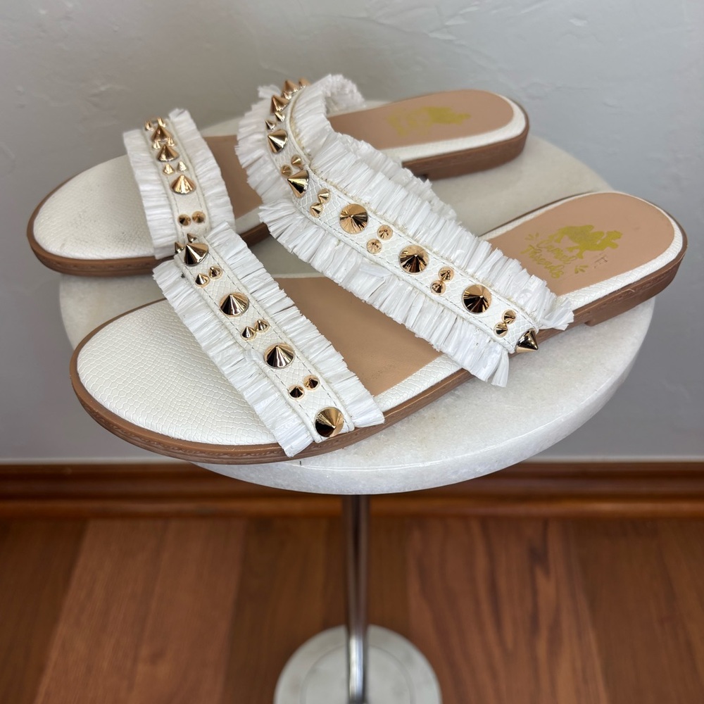CAMEL THREADS White Gold Sandal Flats Shoes Raffia Gold Slip On 2 Strap Women 7 - Picture 4 of 8